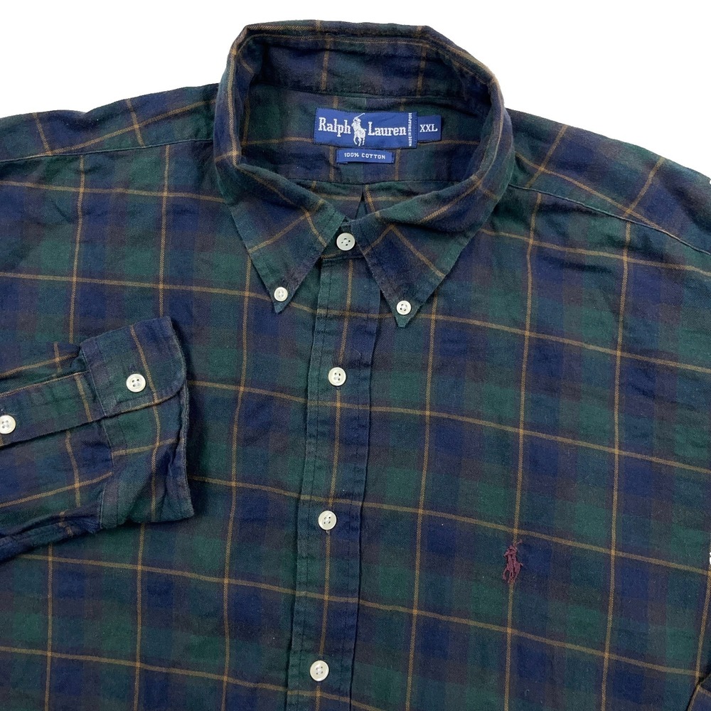 Ralph Lauren Flannel Shirt Men XXL Blue Green Plaid Button Up Blackwatch Pony